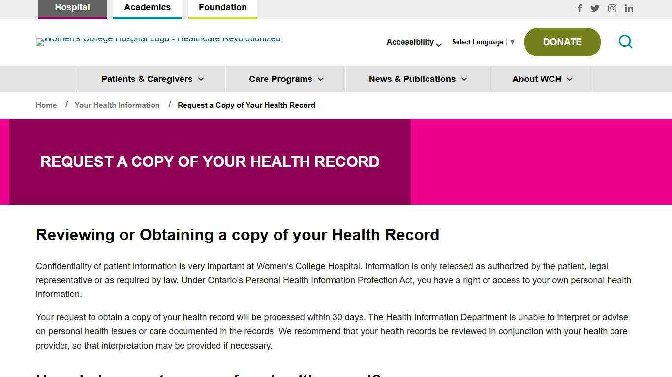 Request a Copy of Your Health Record Women’s College Hospital